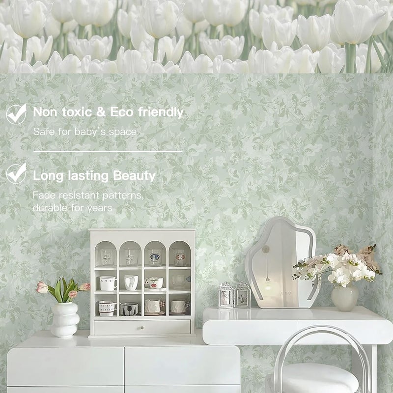 Dimoon 17.3" X 393" Peel and Stick Wallpaper Floral Boho Green Contact Paper Bird Cute Girl Modern Wall Paper Renter Friendly Waterproof Removable Self Adhesive Bedroom Kitchen Dorm Cabinets Vinyl - Image 2